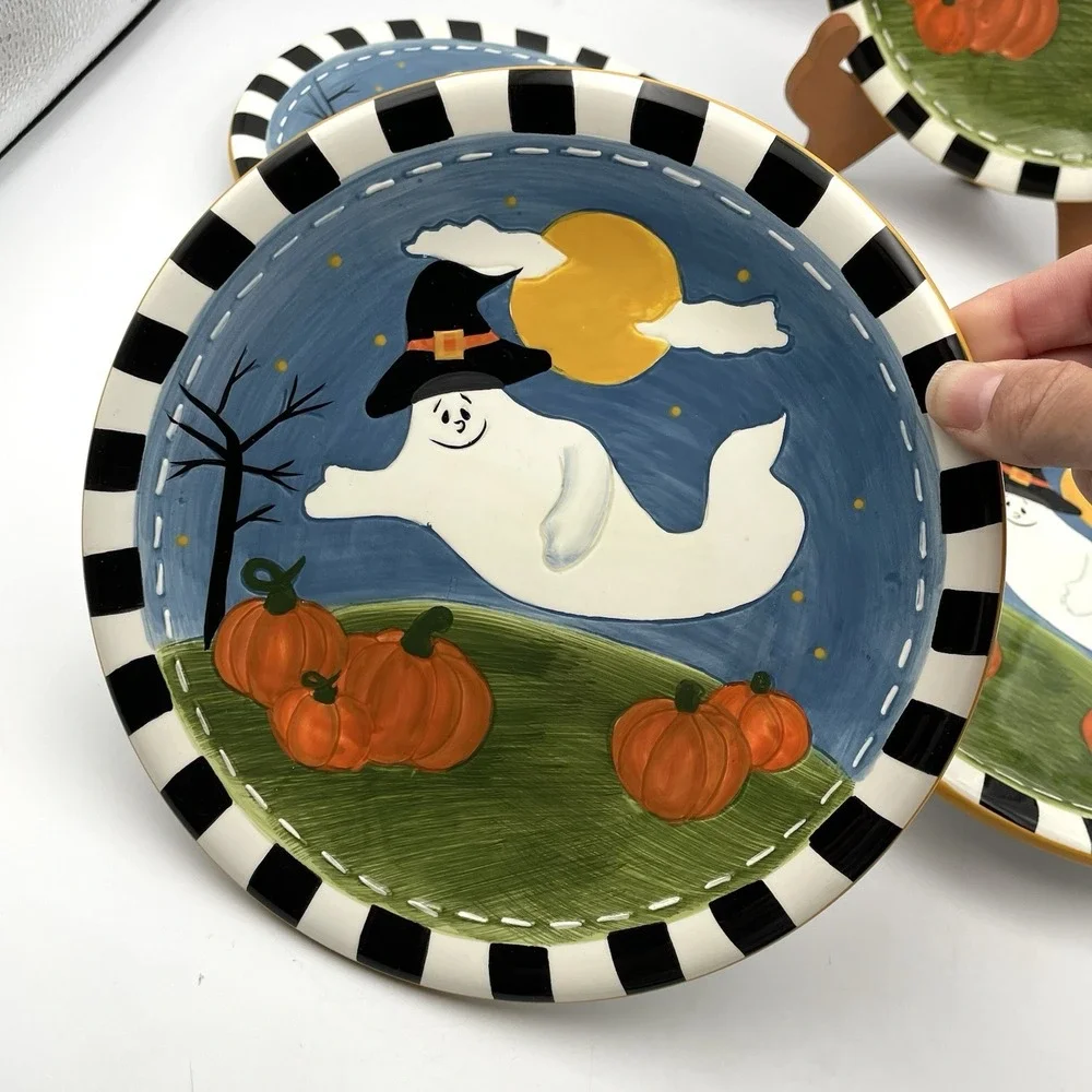 Vintage 2000s Halloween Ghost Witch Hat Pumpkin Plates Set of 4 8.25